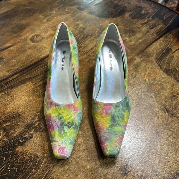 Bellini Floral Pointed Square Toe Kitten Heels Size 9.5M Embossed Leather Fairy - Picture 1 of 9